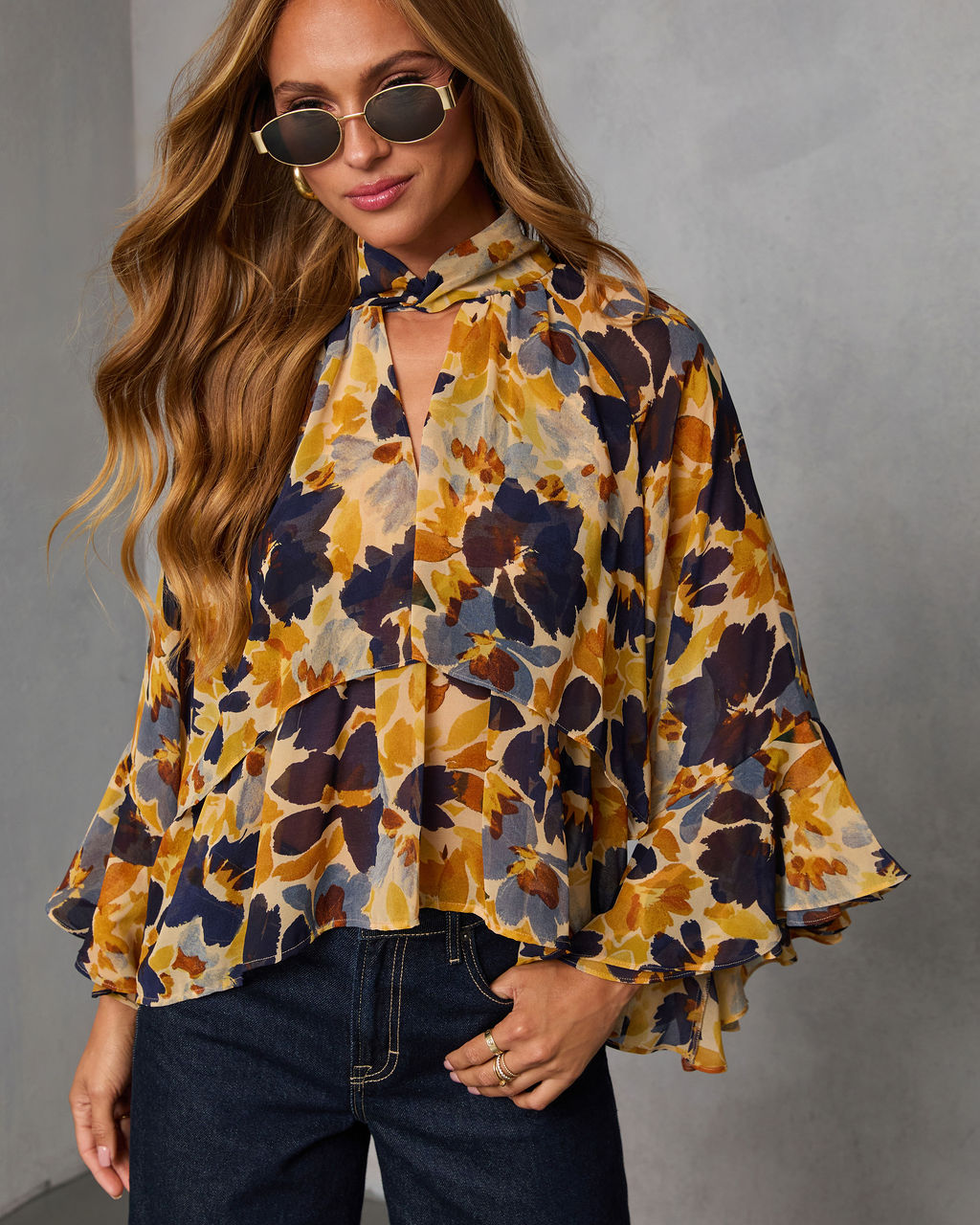 Wildflower Whimsy Printed Mock Neck Top-Vogue Logic