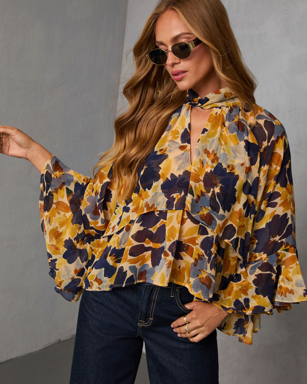 Wildflower Whimsy Printed Mock Neck Top-Vogue Logic