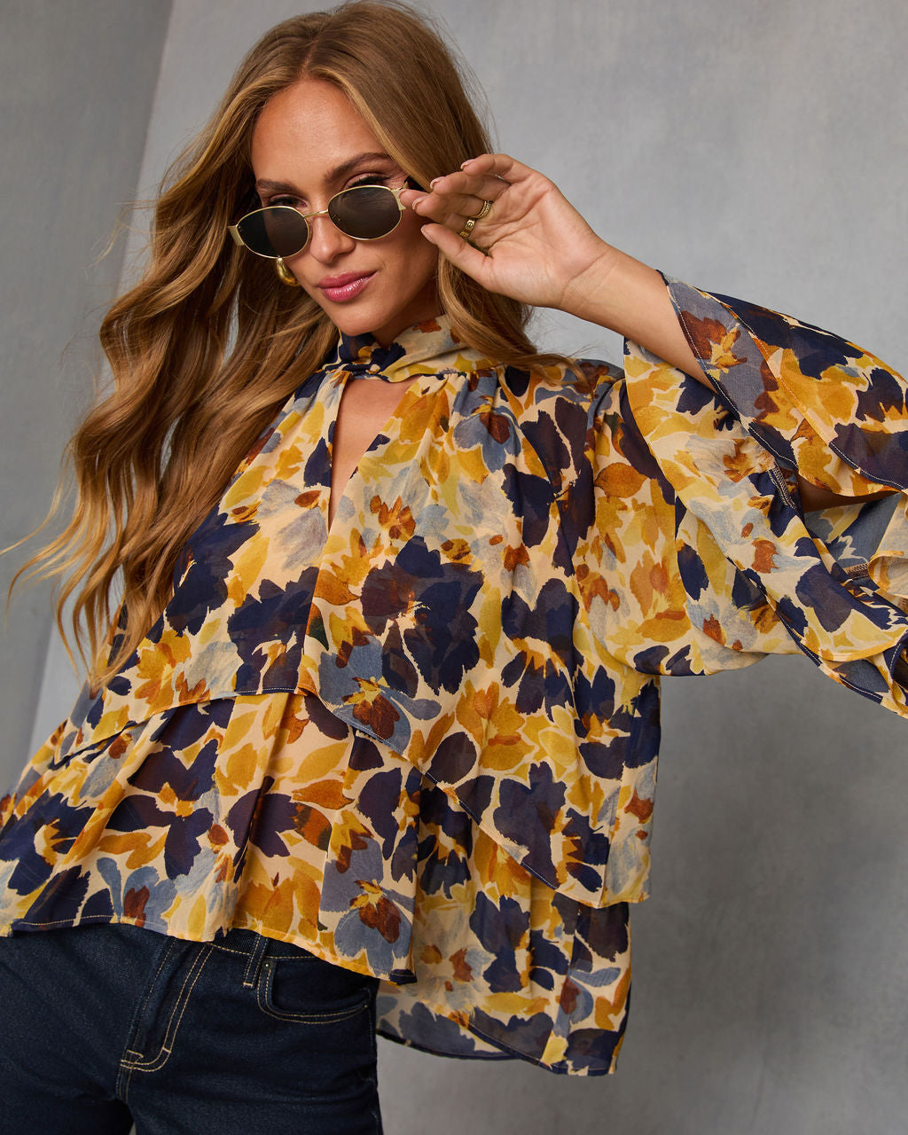 Wildflower Whimsy Printed Mock Neck Top-Vogue Logic