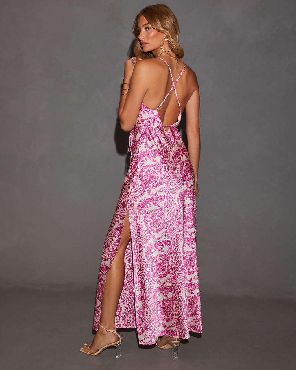 Estella Cowl Neck Tie Waist Printed Maxi Dress-Vogue Logic