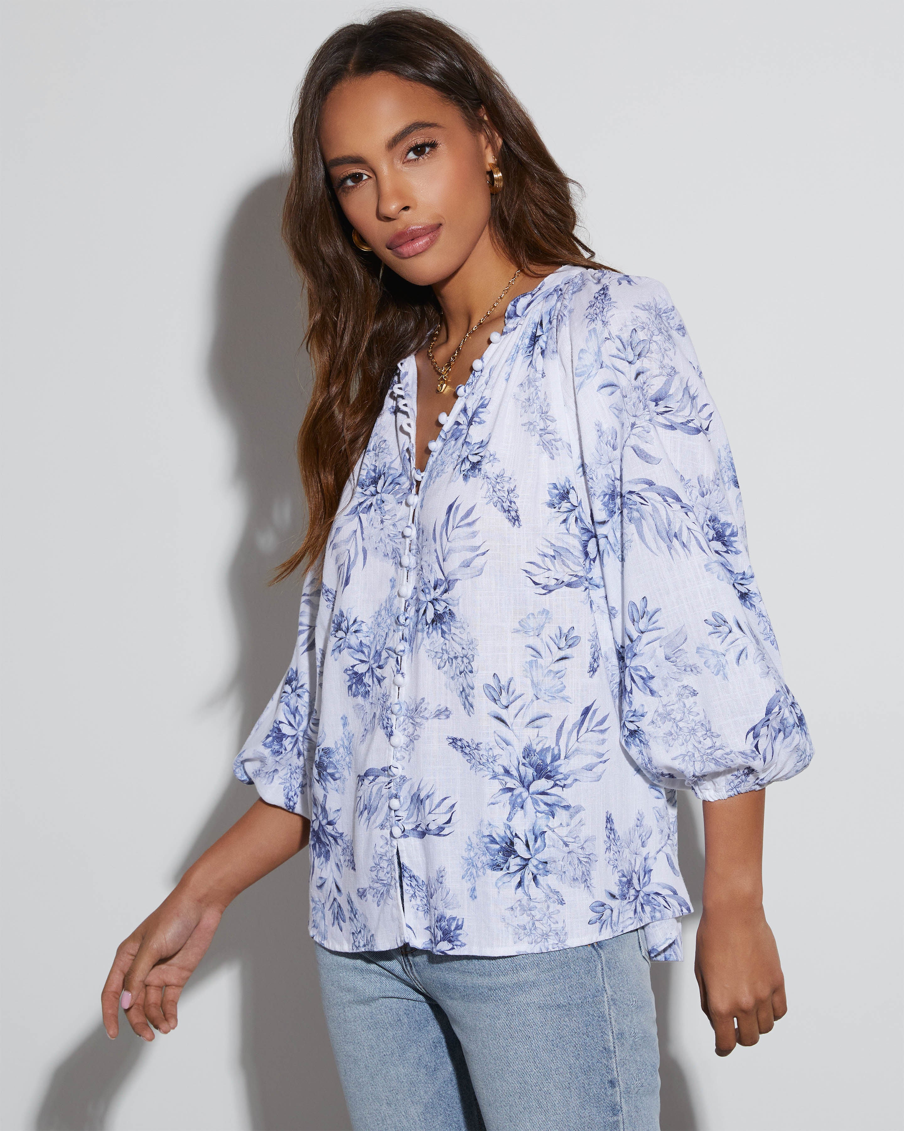Betsey Floral Linen Long Sleeve Blouse-Vogue Logic