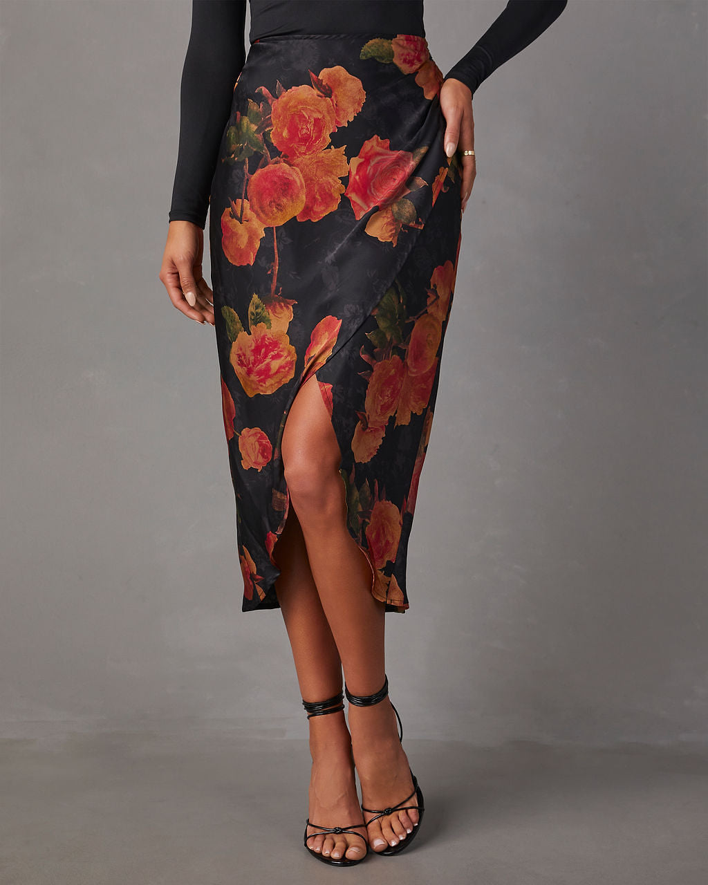 Mona Satin Floral Midi Skirt-Vogue Logic