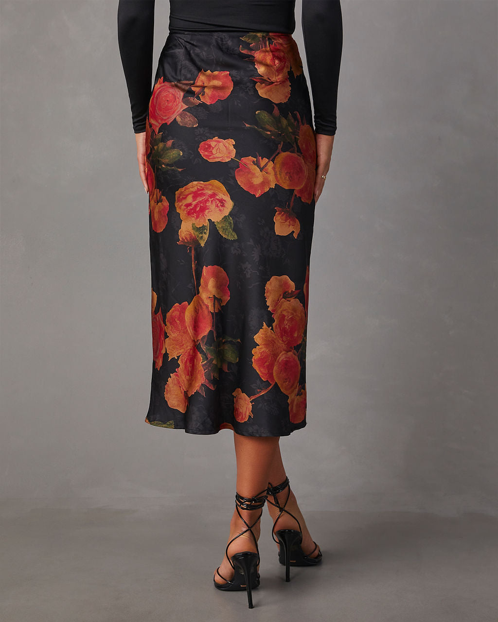 Mona Satin Floral Midi Skirt-Vogue Logic