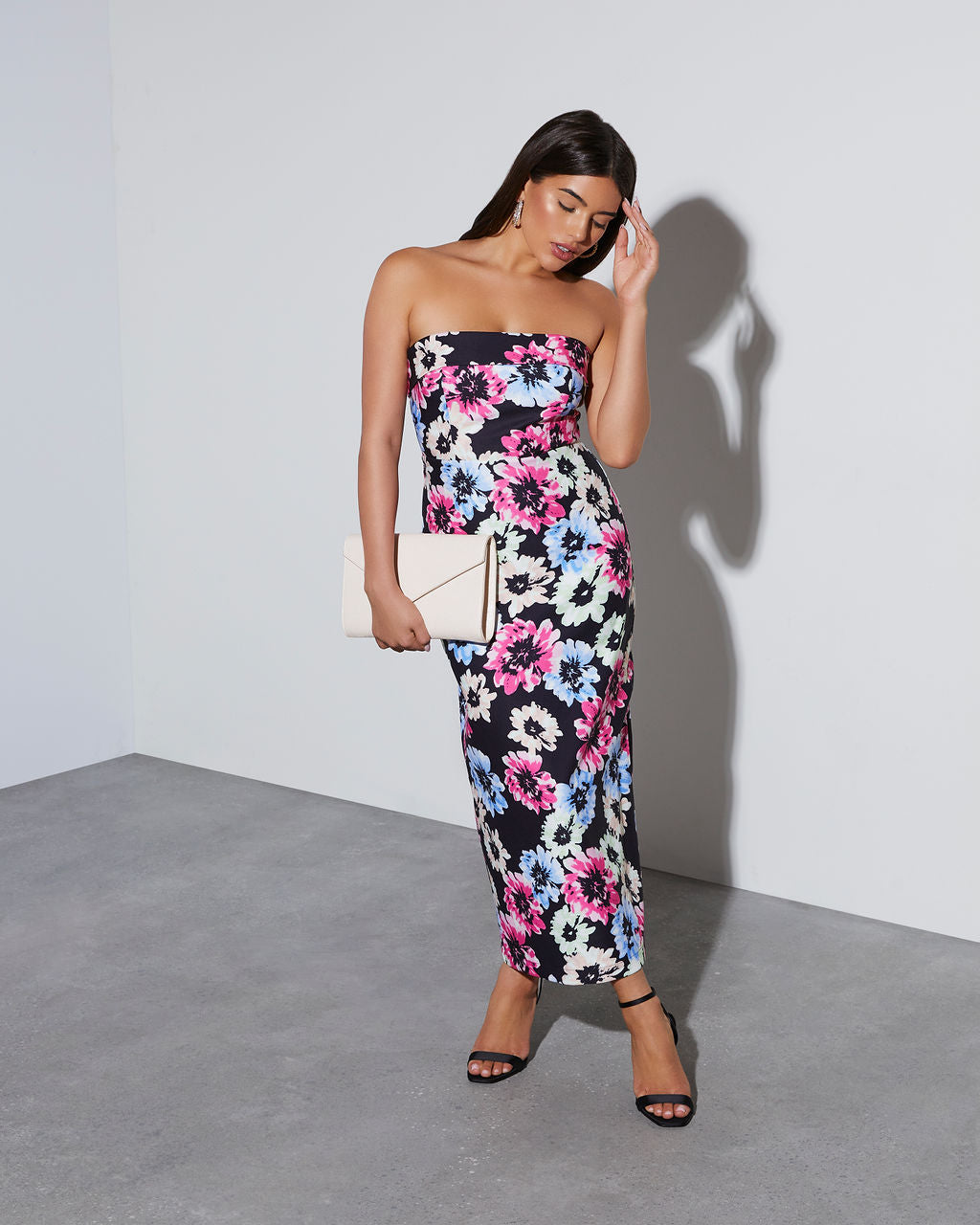 Thalia Strapless Floral Midi Dress-Vogue Logic