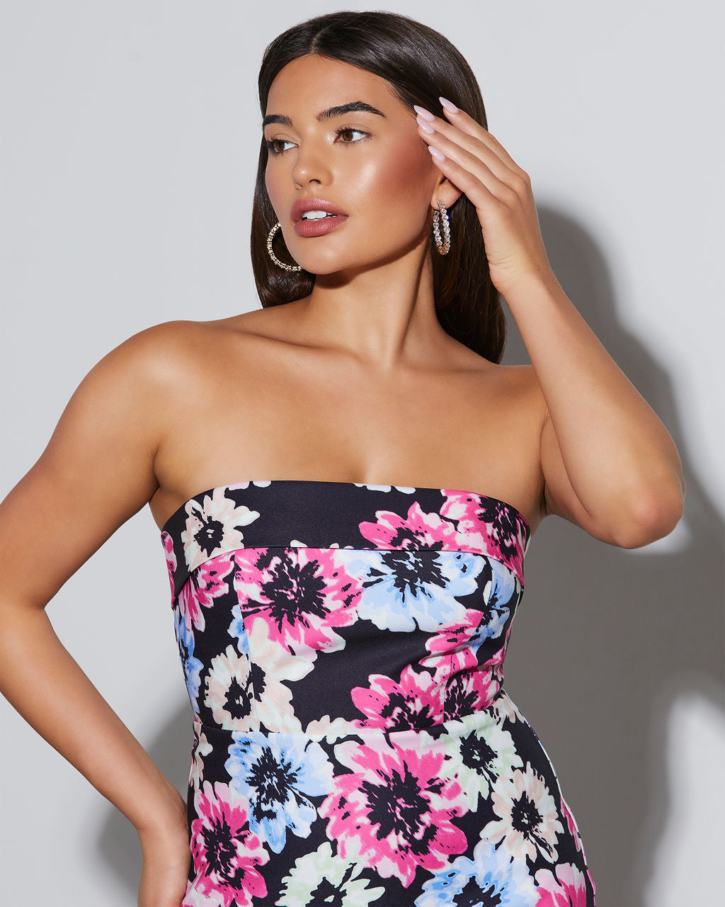 Thalia Strapless Floral Midi Dress-Vogue Logic