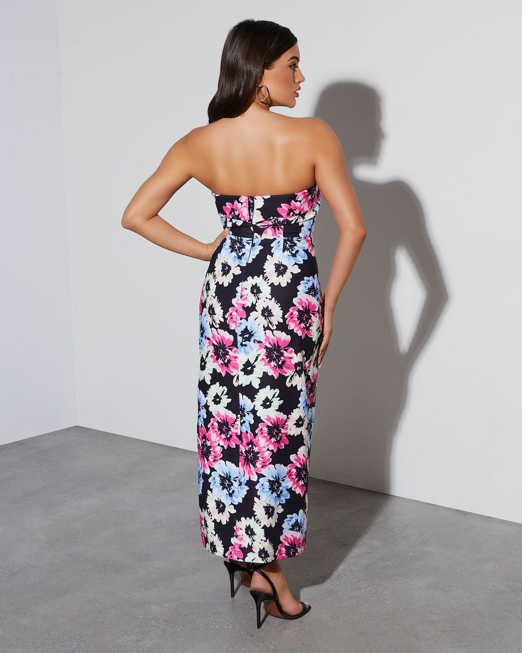 Thalia Strapless Floral Midi Dress-Vogue Logic