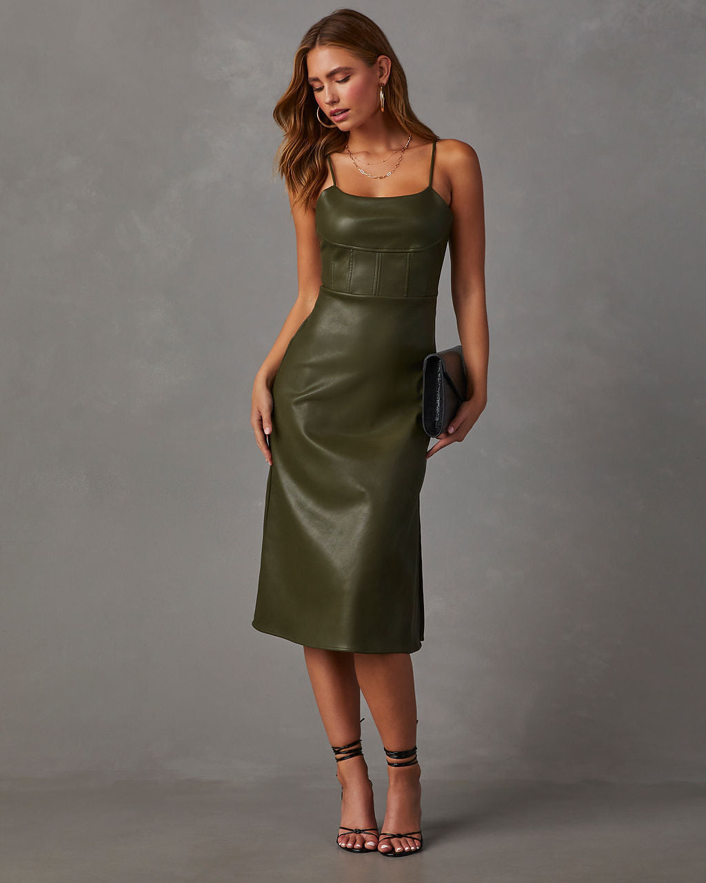 Lovette Faux Leather Midi Dress-Vogue Logic
