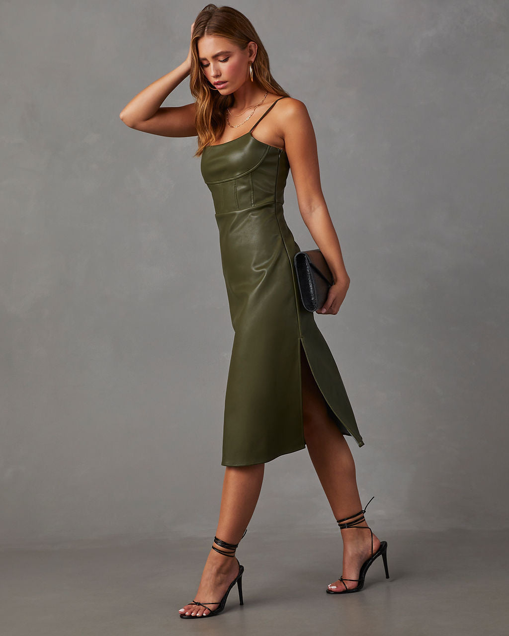 Lovette Faux Leather Midi Dress-Vogue Logic