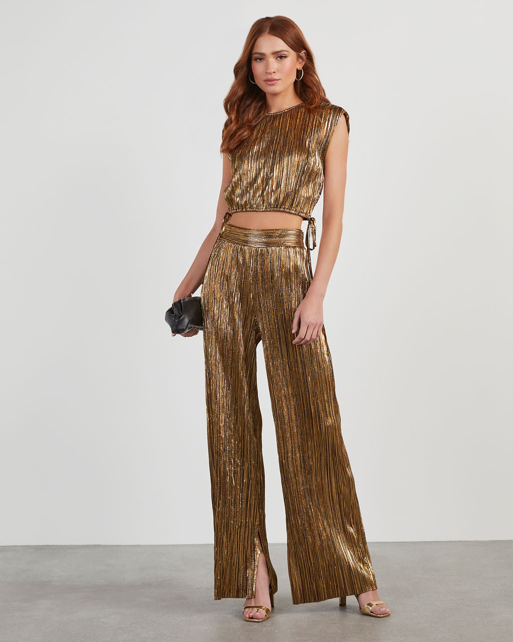 Sinclair Metallic Plisse Crop Blouse-Vogue Logic