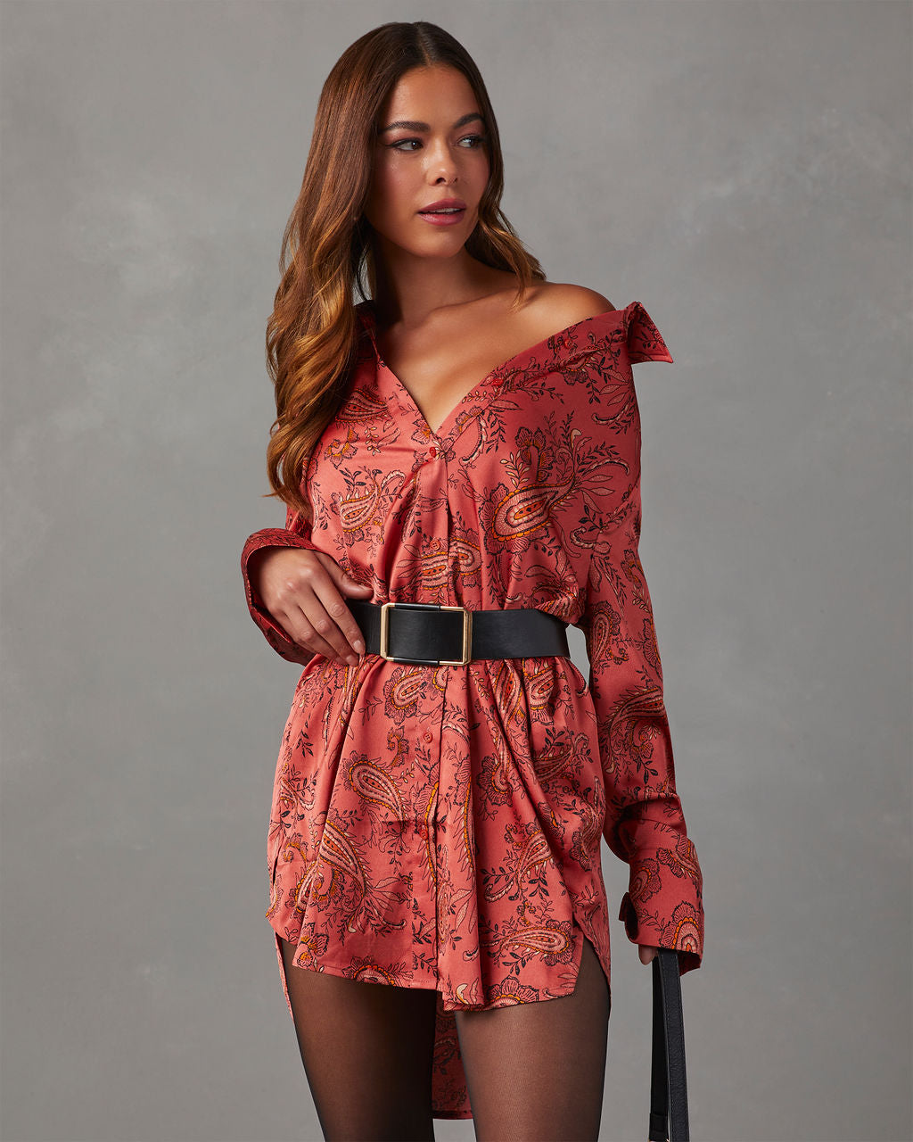 Style Era Satin Paisley Mini Shirt Dress-Vogue Logic