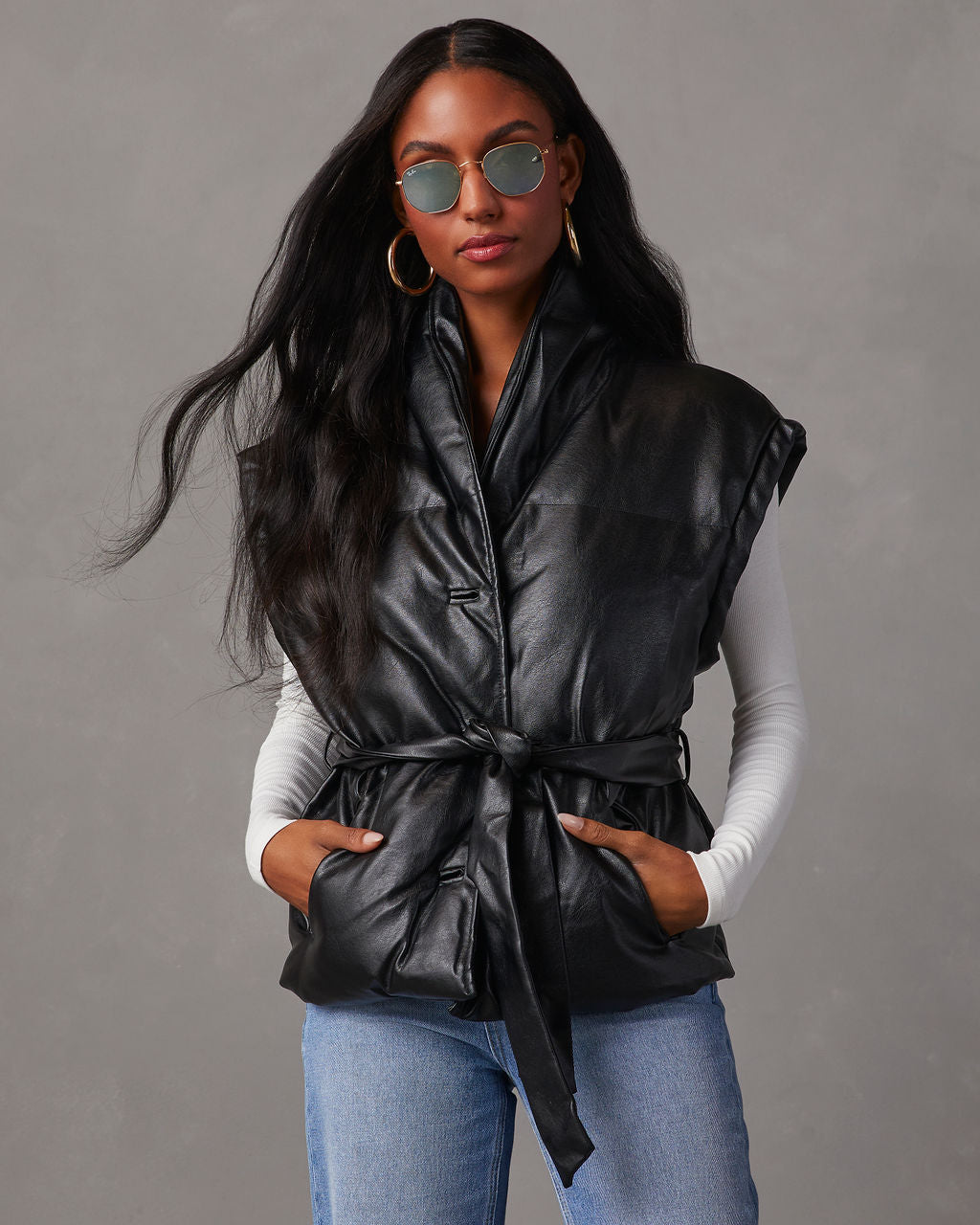 Rubio Belted Faux Leather Puffer Vest-Vogue Logic