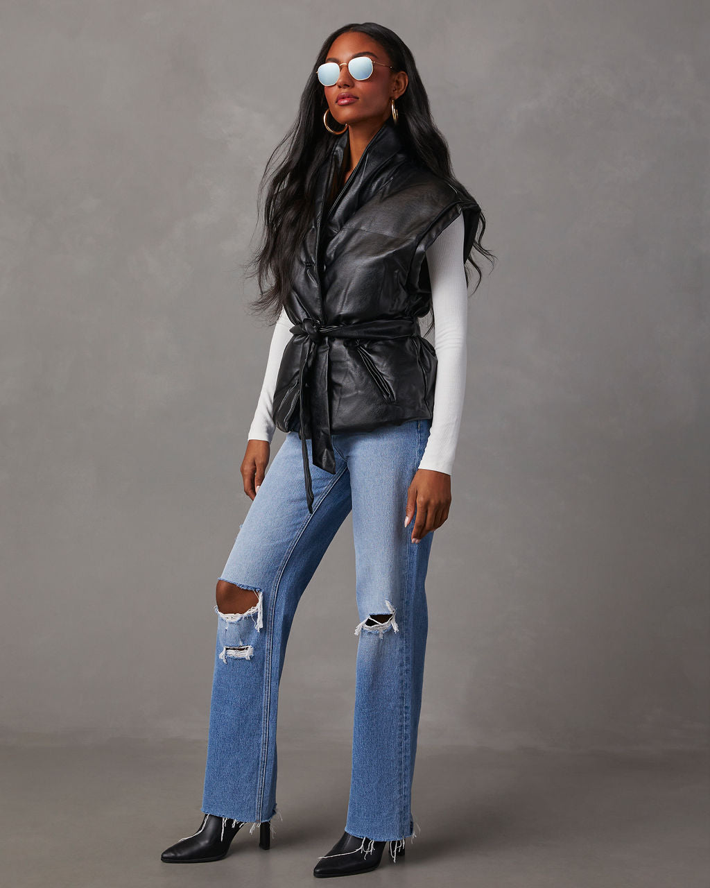 Rubio Belted Faux Leather Puffer Vest-Vogue Logic