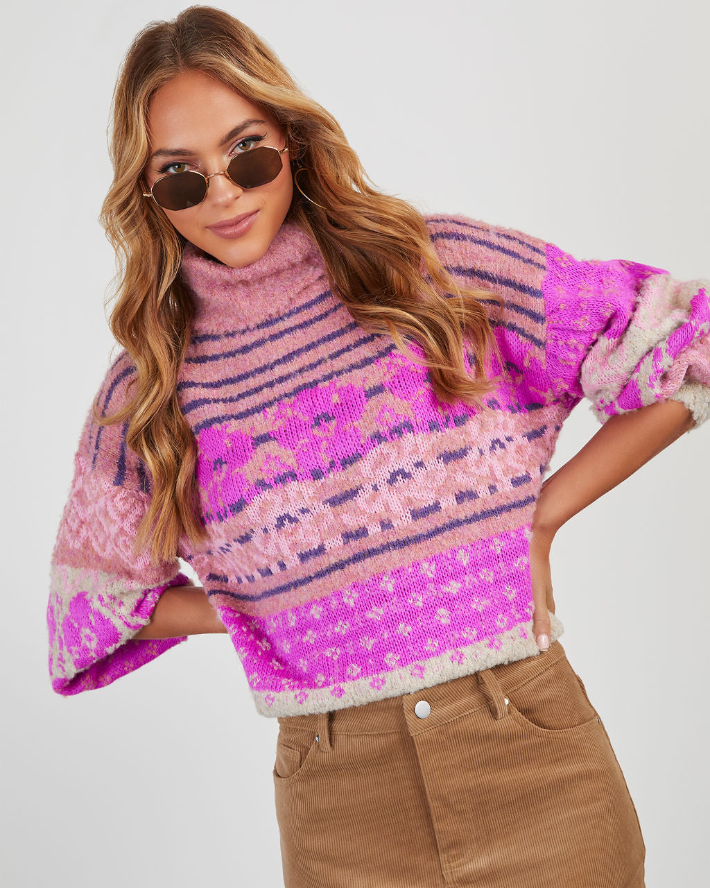 Monet Knit Printed Turtleneck Pullover Sweater-Vogue Logic