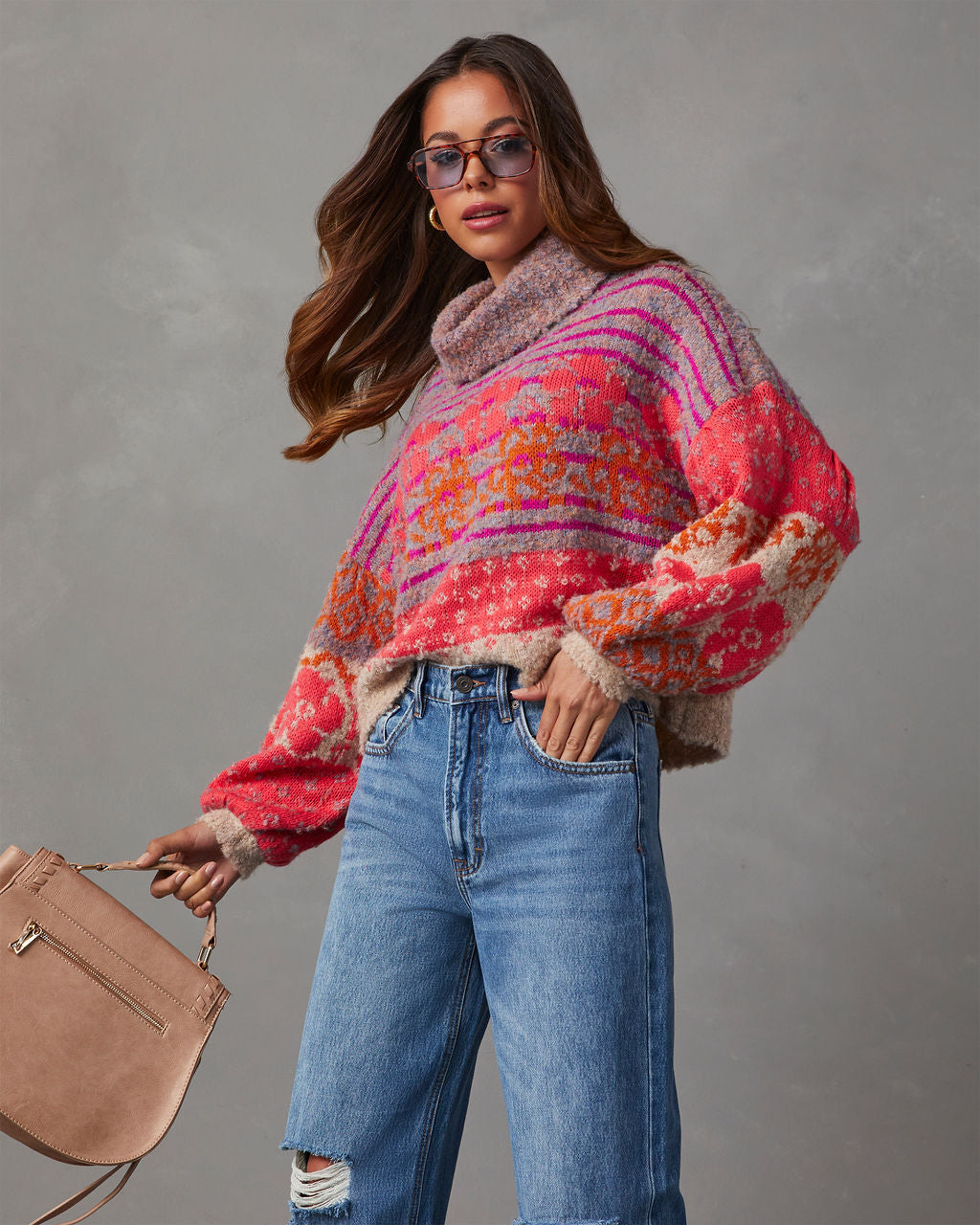 Monet Knit Printed Turtleneck Pullover Sweater-Vogue Logic