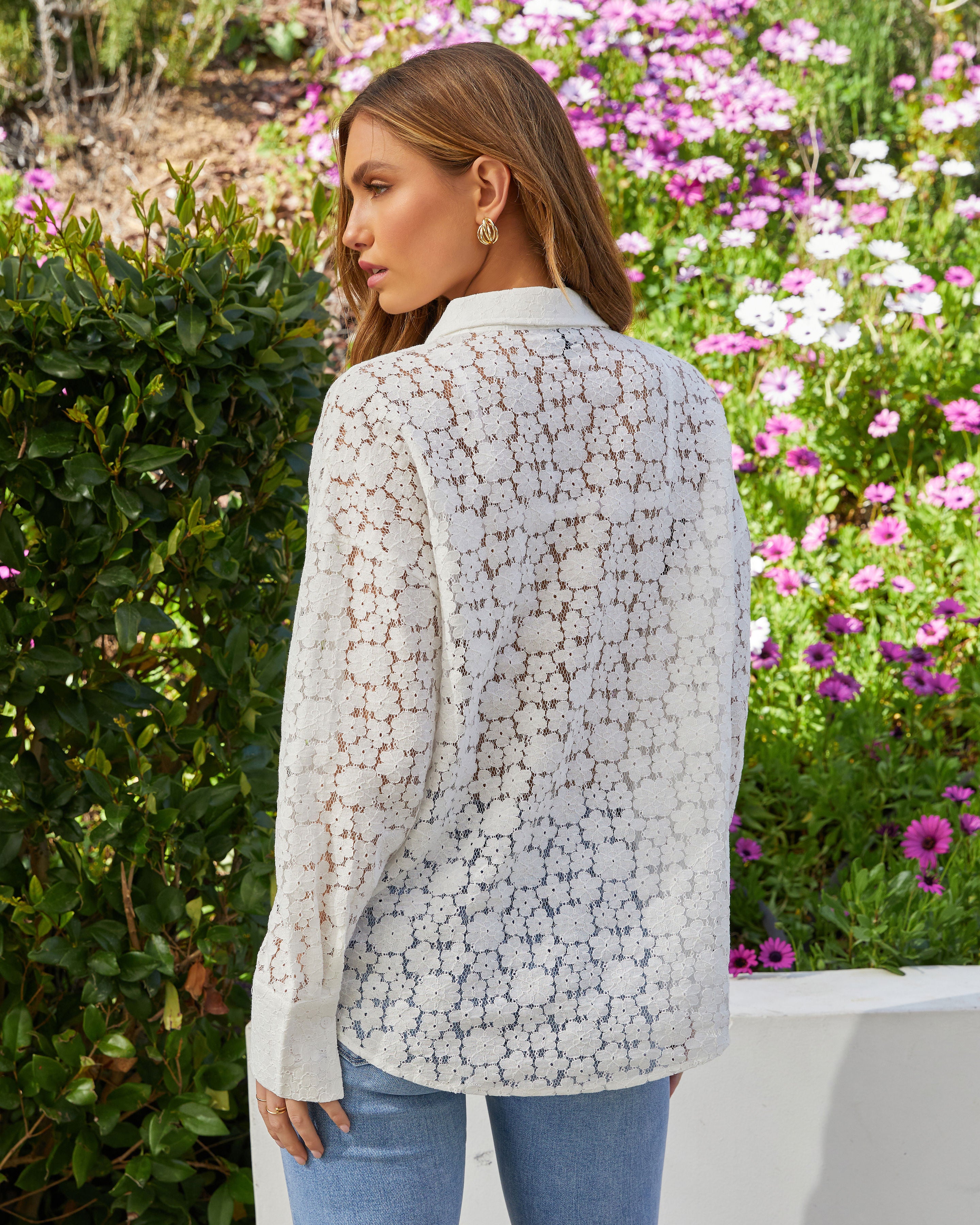 Gwen Floral Lace Button Down Shirt-Vogue Logic