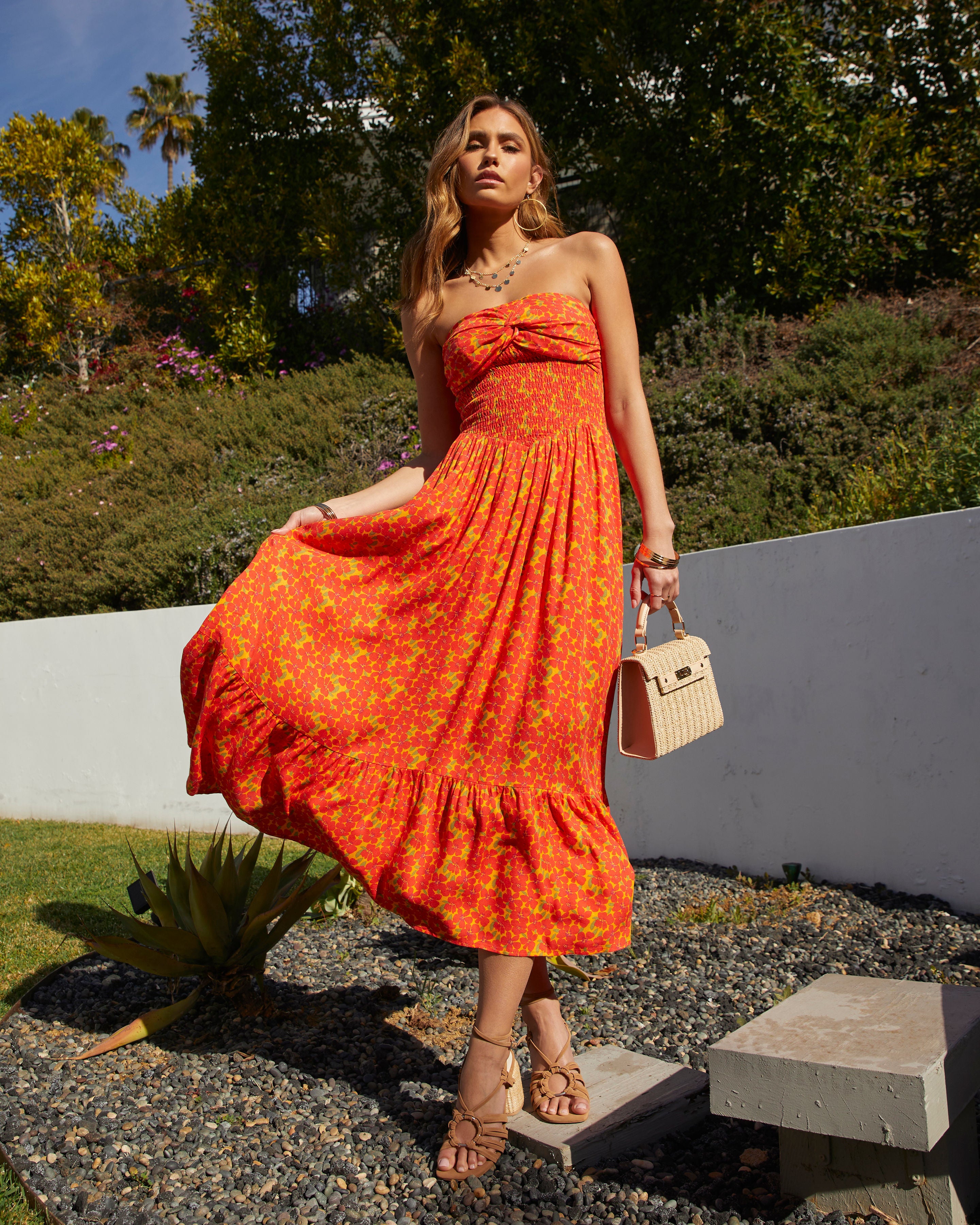 Lynelle Strapless Floral Smocked Midi Dress-Vogue Logic