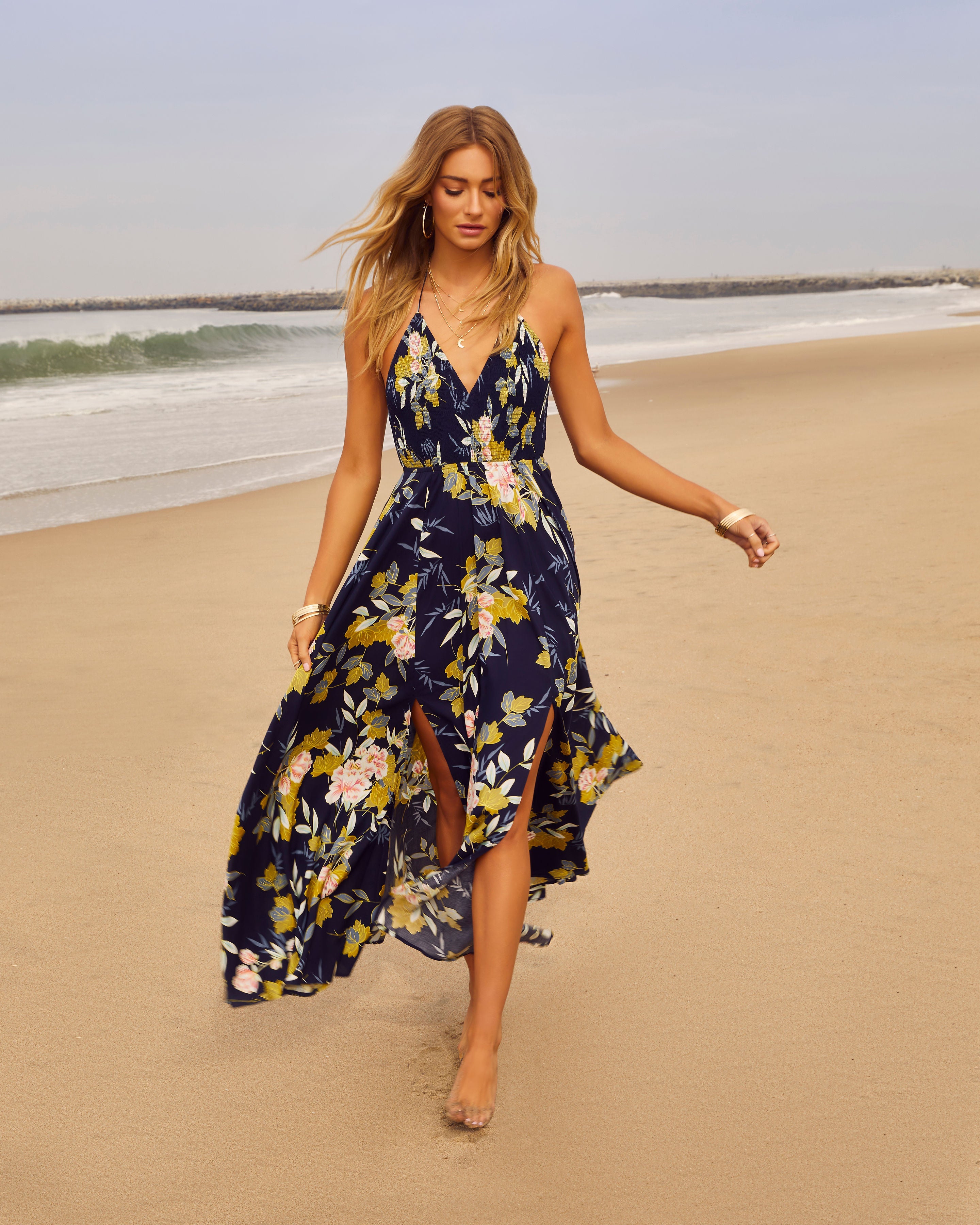 Beautiful Flowers Smocked Halter Maxi Dress-Vogue Logic