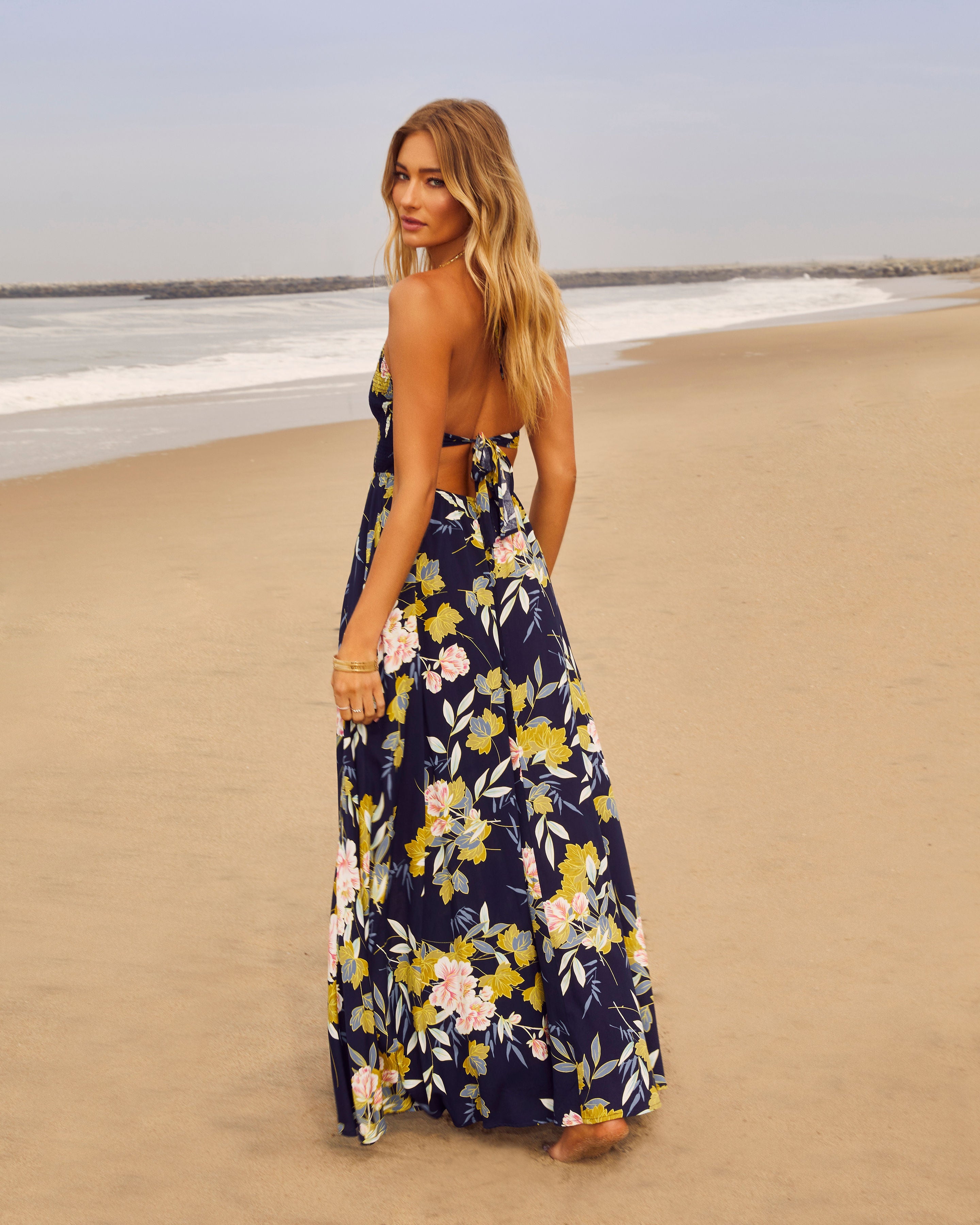 Beautiful Flowers Smocked Halter Maxi Dress-Vogue Logic