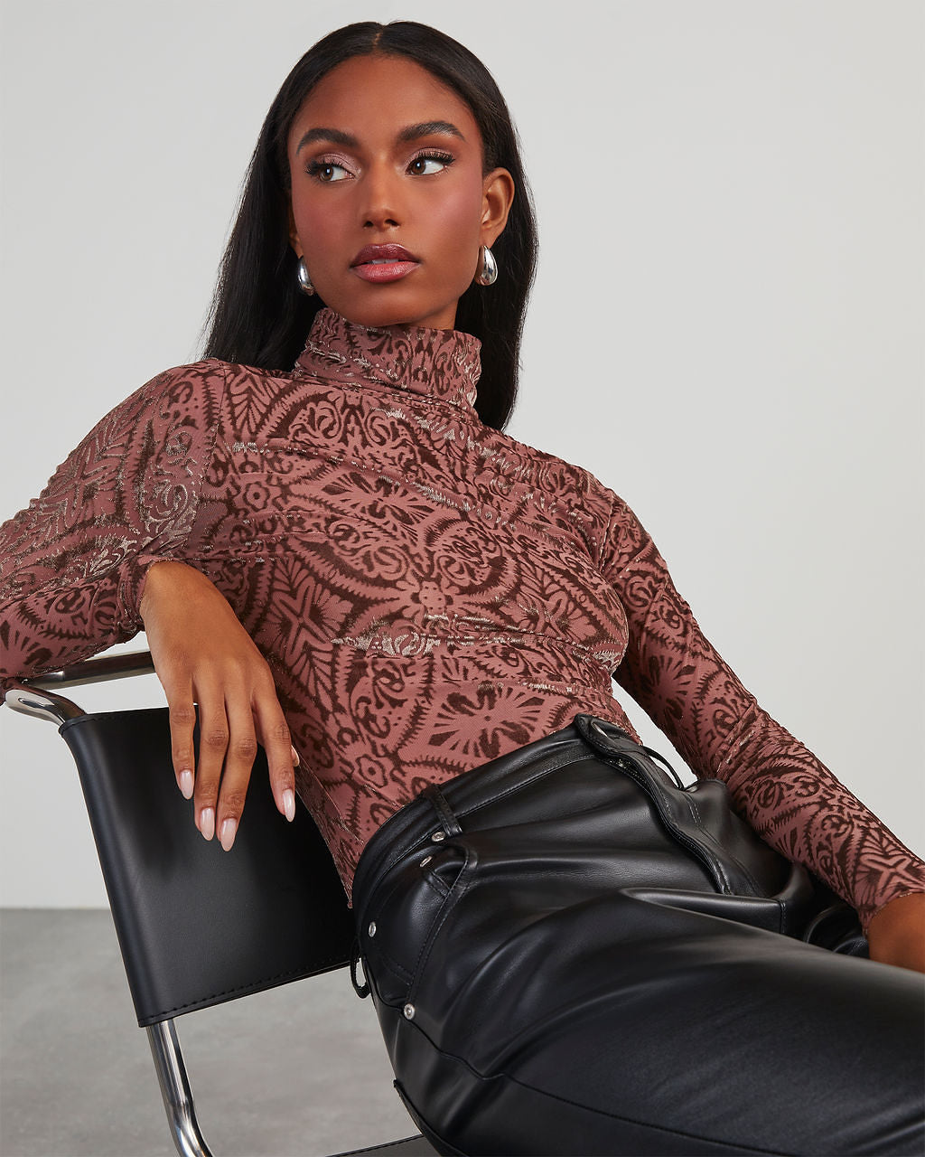 Tessy Velvet Burnout Turtleneck Top-Vogue Logic