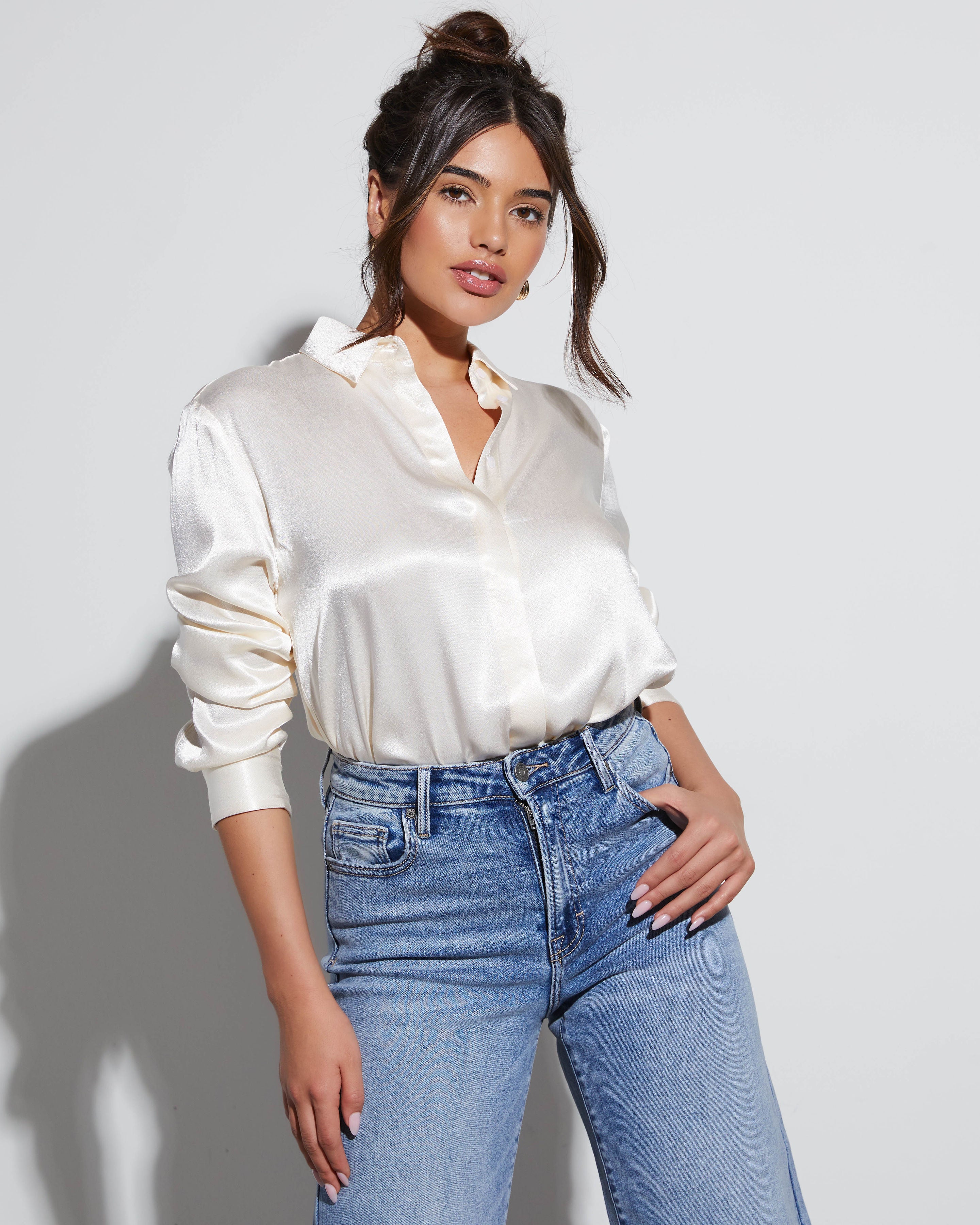 Marcos Satin Button Down Top-Vogue Logic