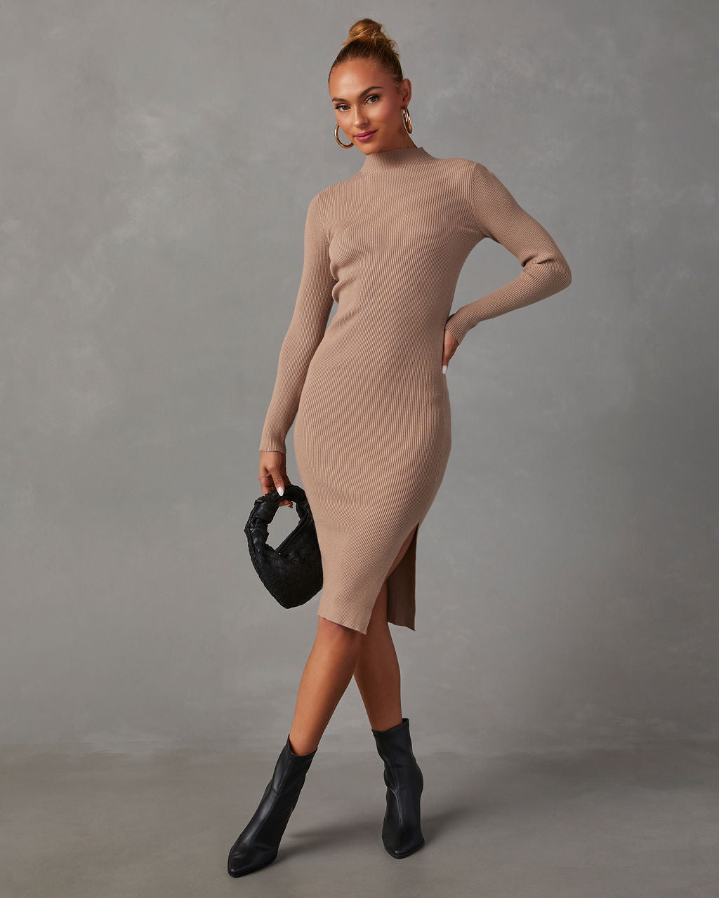 Essential Mock Neck Knit Midi Dress-Vogue Logic