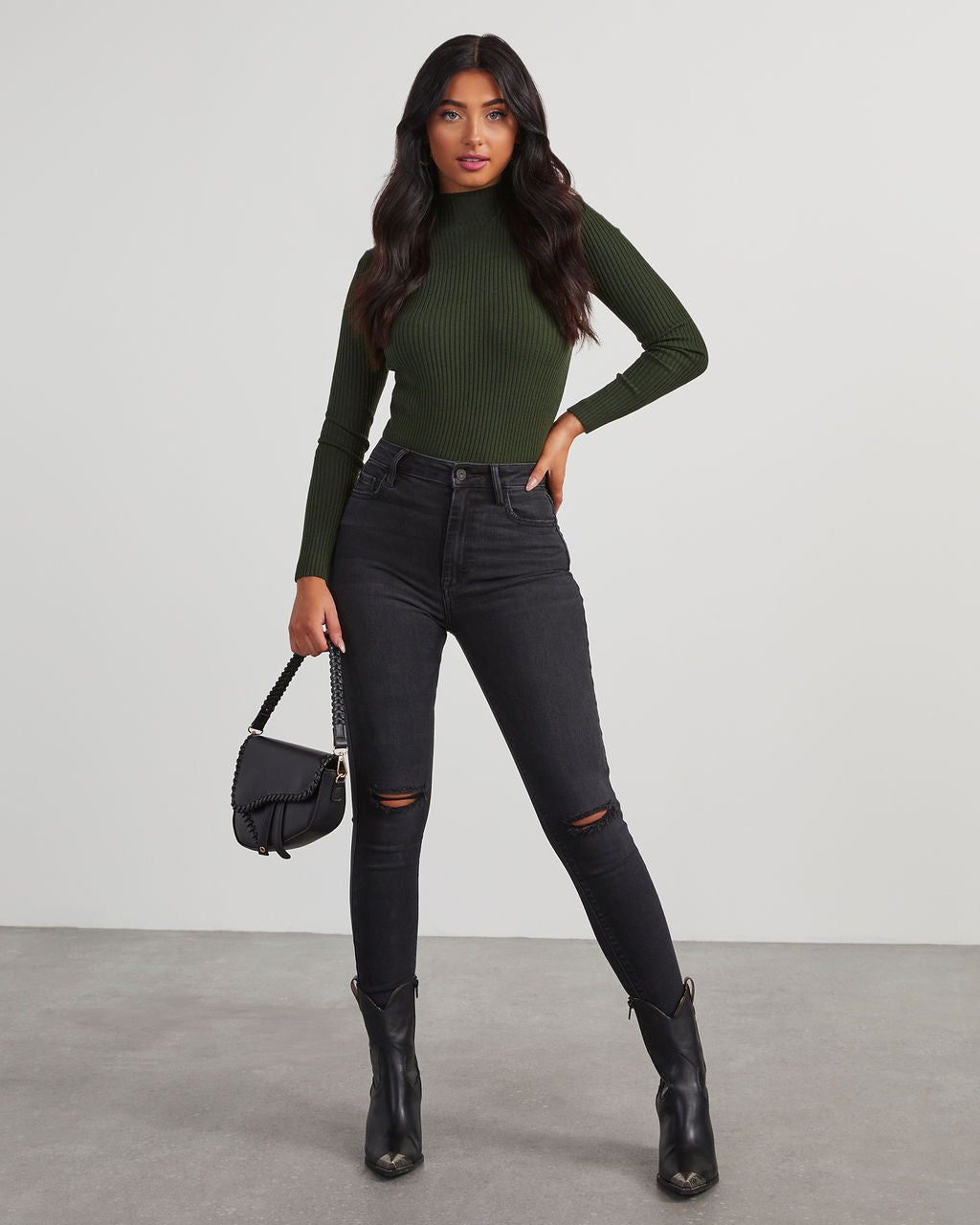 Naomi Ribbed Mock Neck Long Sleeve Top-Vogue Logic