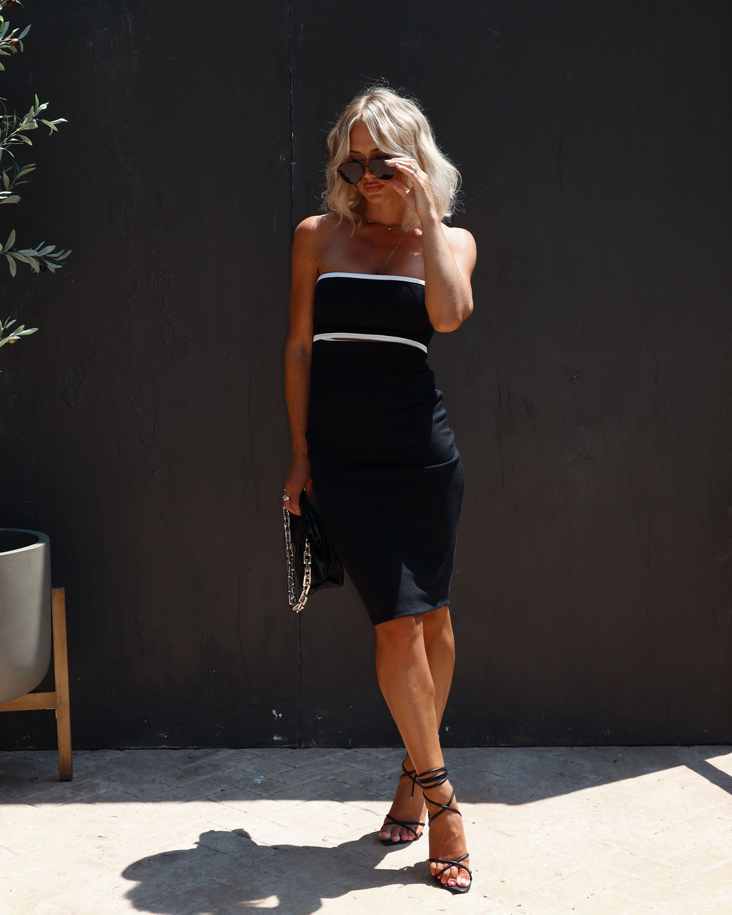 Modern Day Jackie Ribbed Cutout Strapless Midi Dress-Vogue Logic