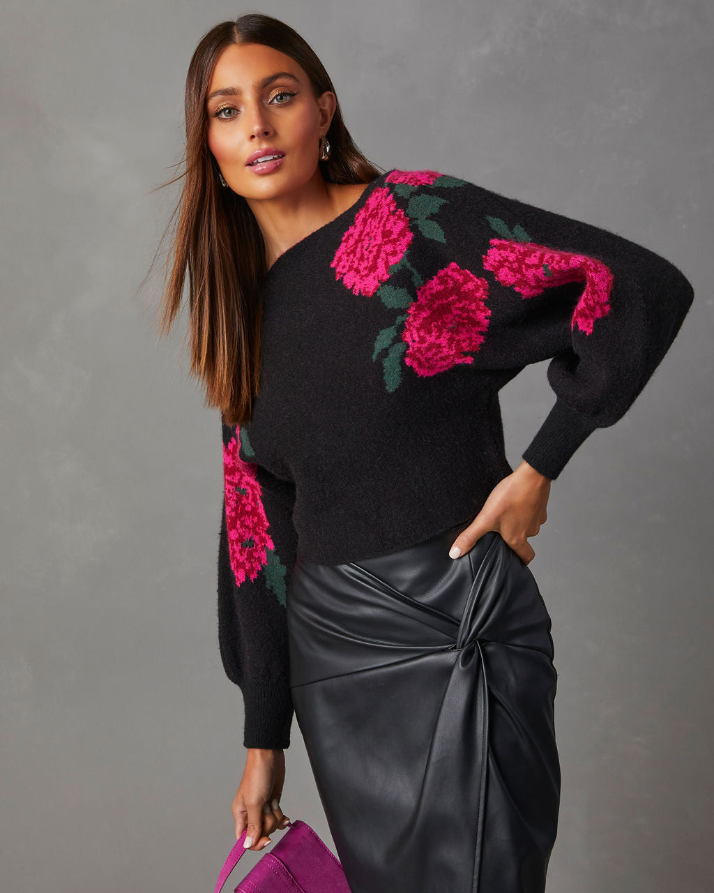 Fall Roses Floral Pullover Sweater-Vogue Logic