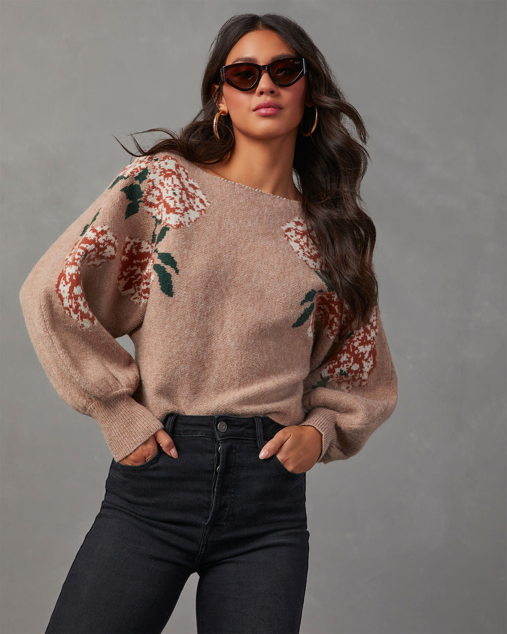 Fall Roses Floral Pullover Sweater-Vogue Logic