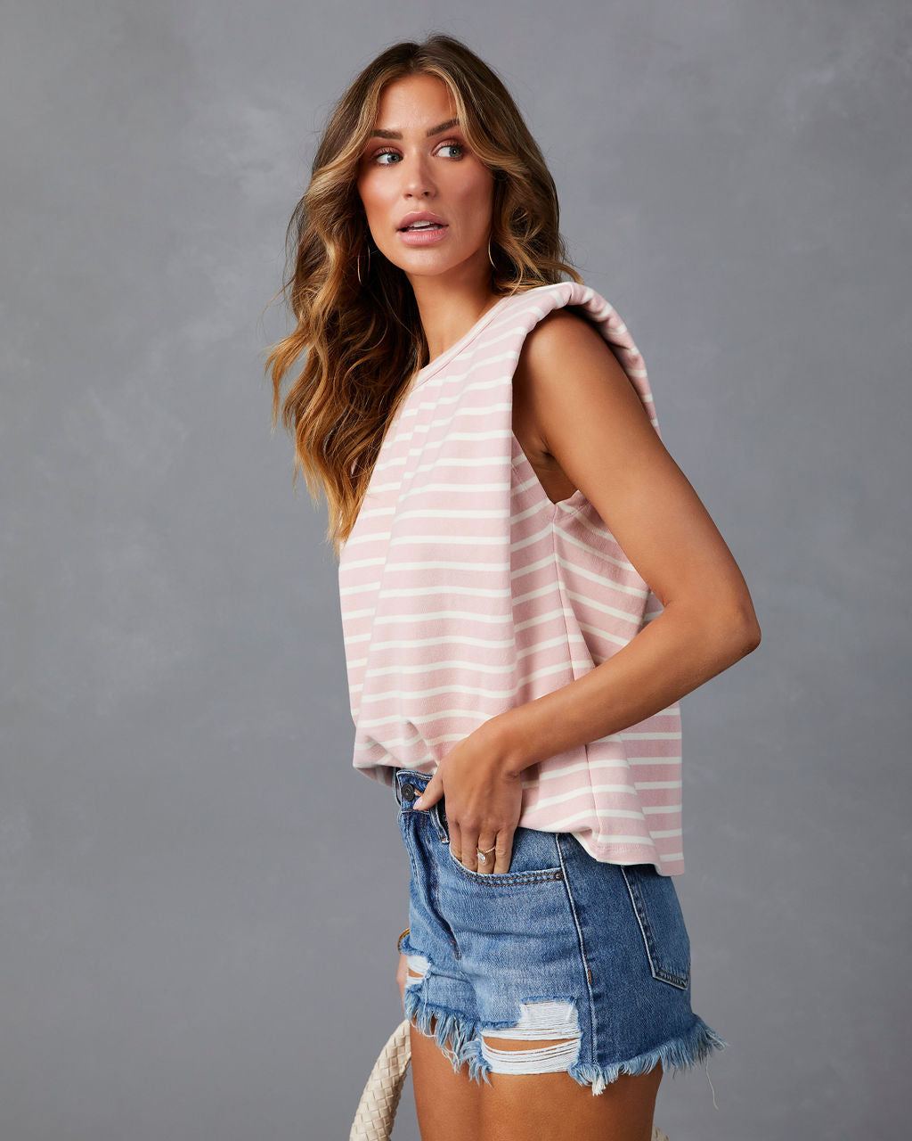 Get In Line Striped Padded Shoulder Muscle Tee-Vogue Logic