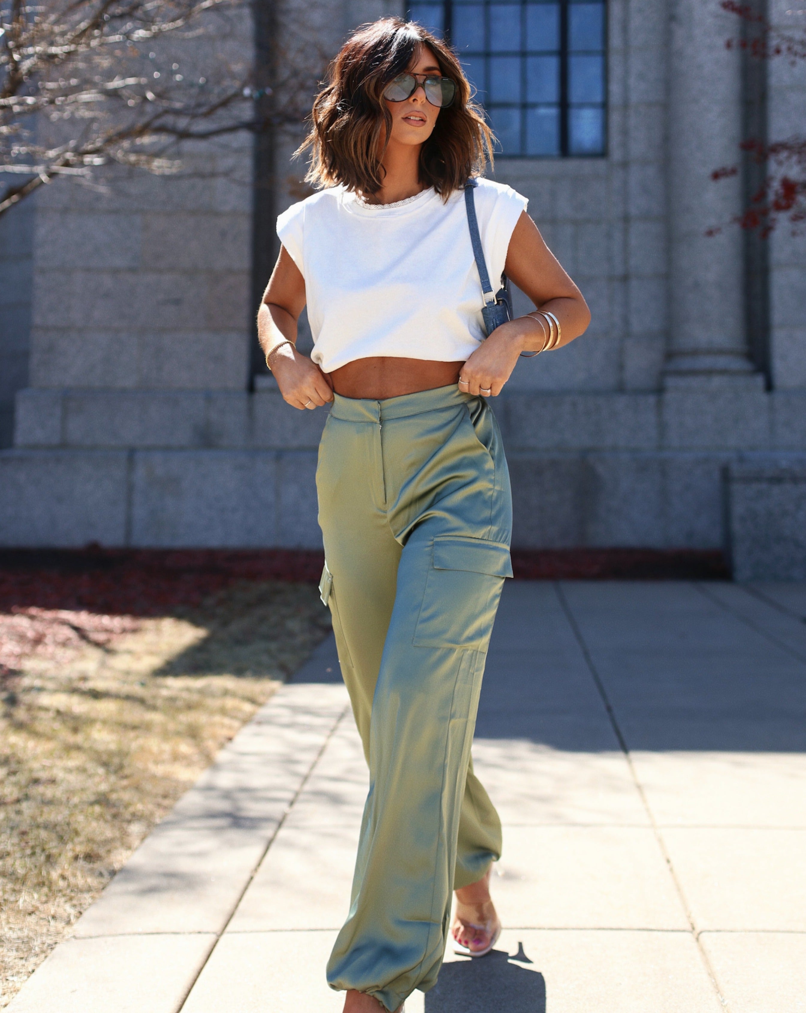 Alana Pocketed Satin Cargo Joggers-Vogue Logic