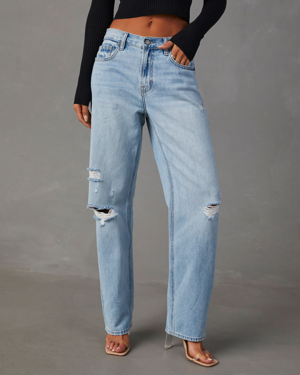 Sadine Distressed High Rise Straight Jeans-Vogue Logic