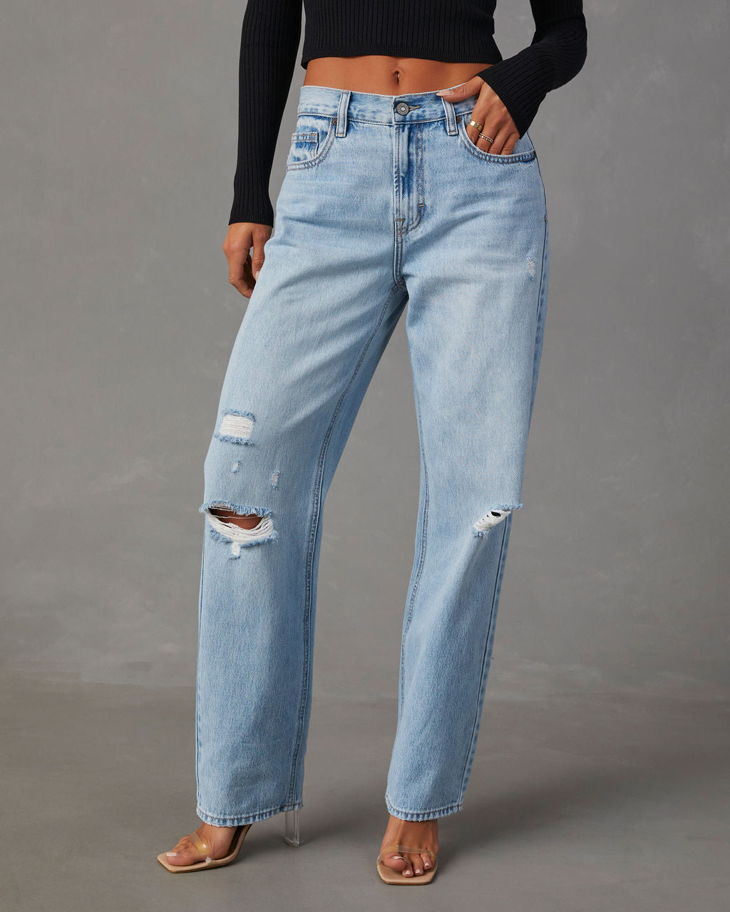 Sadine Distressed High Rise Straight Jeans-Vogue Logic