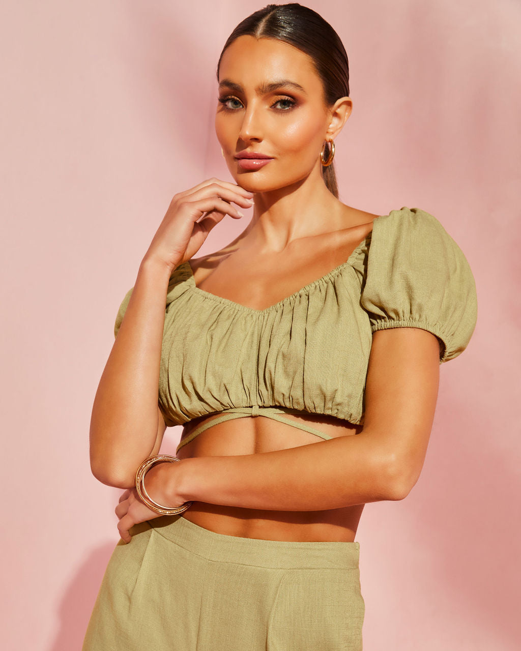 Corsicana Linen Waist Tie Crop Top-Vogue Logic