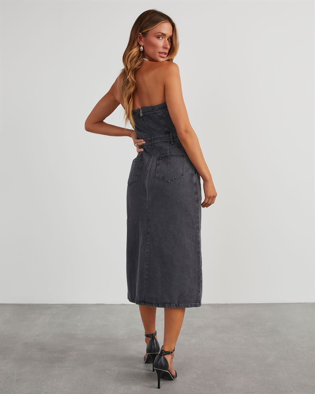 Edgy Era Denim Strapless Midi Dress-Vogue Logic