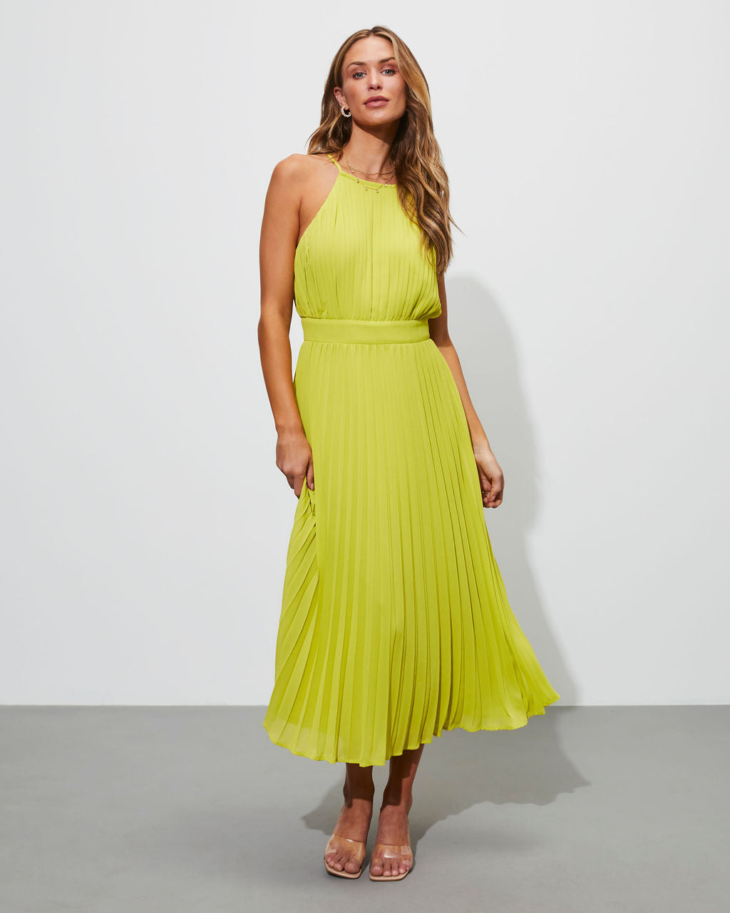 Liamara Pleated Halter Midi Dress-Vogue Logic