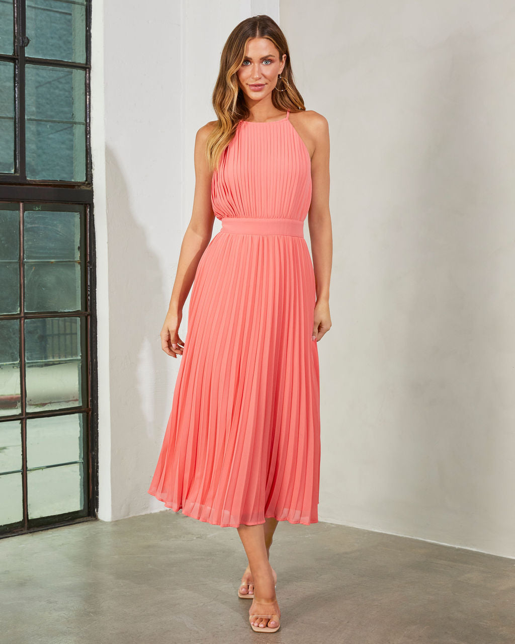 Liamara Pleated Halter Midi Dress-Vogue Logic