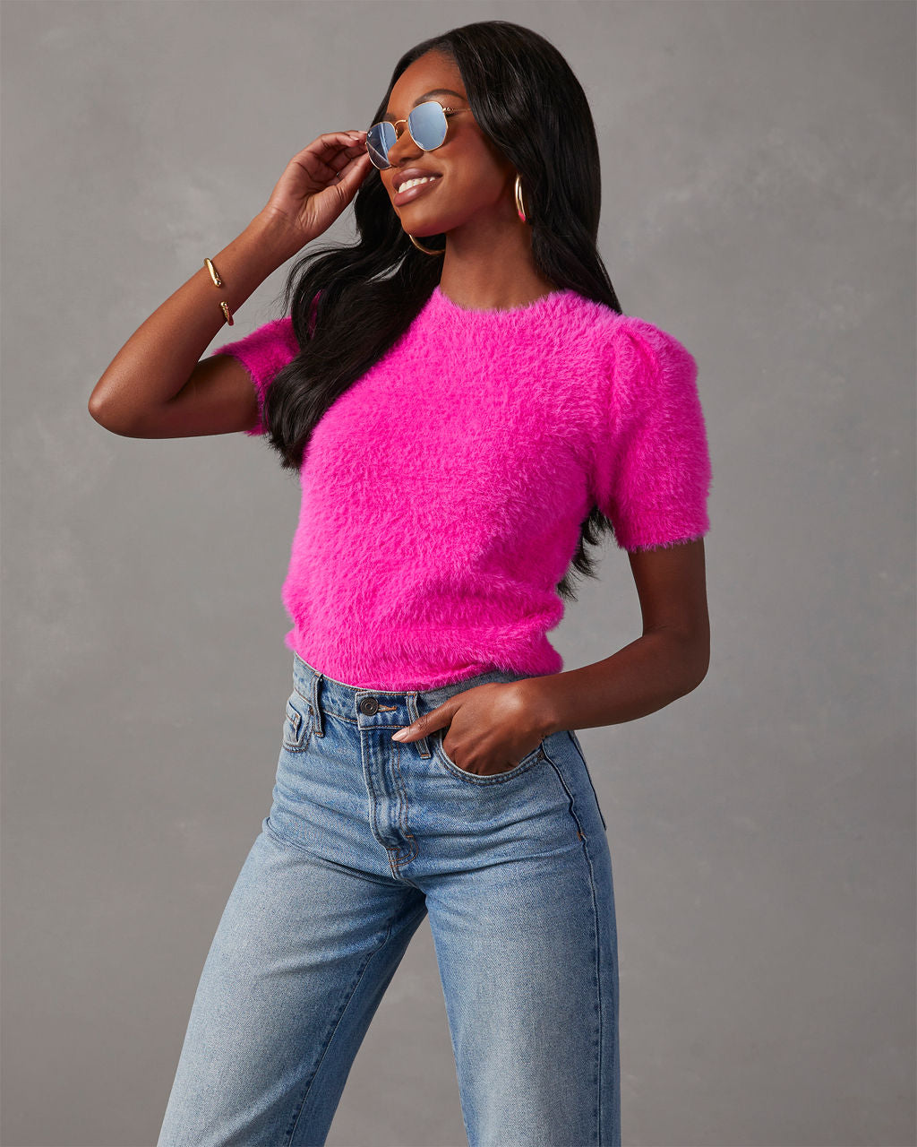 Emanuelle Fuzzy Short Sleeve Sweater Top-Vogue Logic