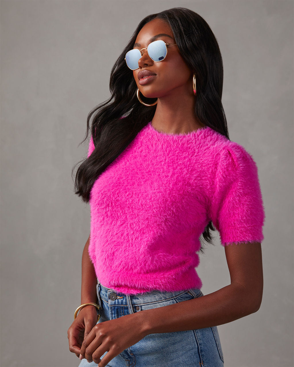Emanuelle Fuzzy Short Sleeve Sweater Top-Vogue Logic