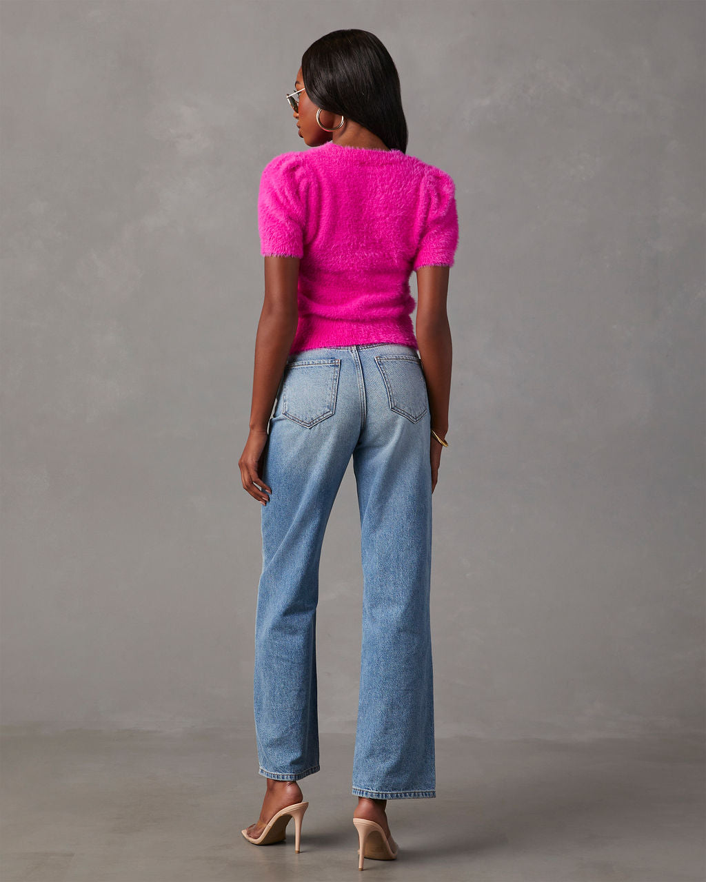 Emanuelle Fuzzy Short Sleeve Sweater Top-Vogue Logic