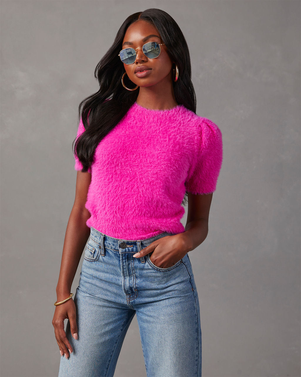 Emanuelle Fuzzy Short Sleeve Sweater Top-Vogue Logic