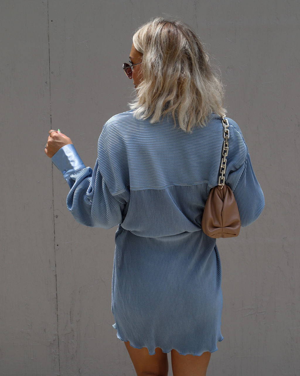 Aster Plisse Button Down Shirt Dress-Vogue Logic