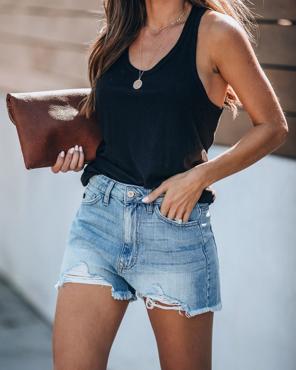 Hazel High Rise Distressed Denim Shorts-Vogue Logic