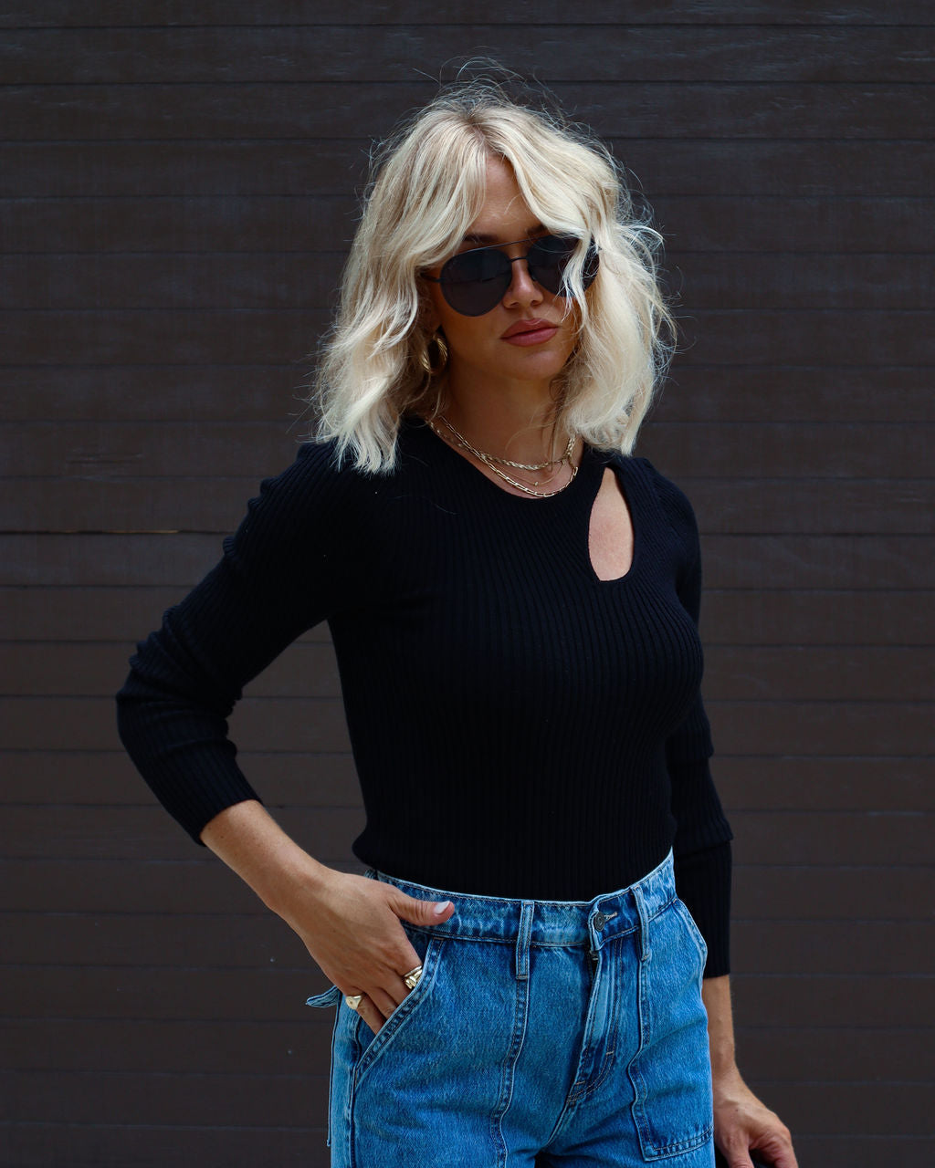 Montclair Cutout Ribbed Knit Sweater Top-Vogue Logic