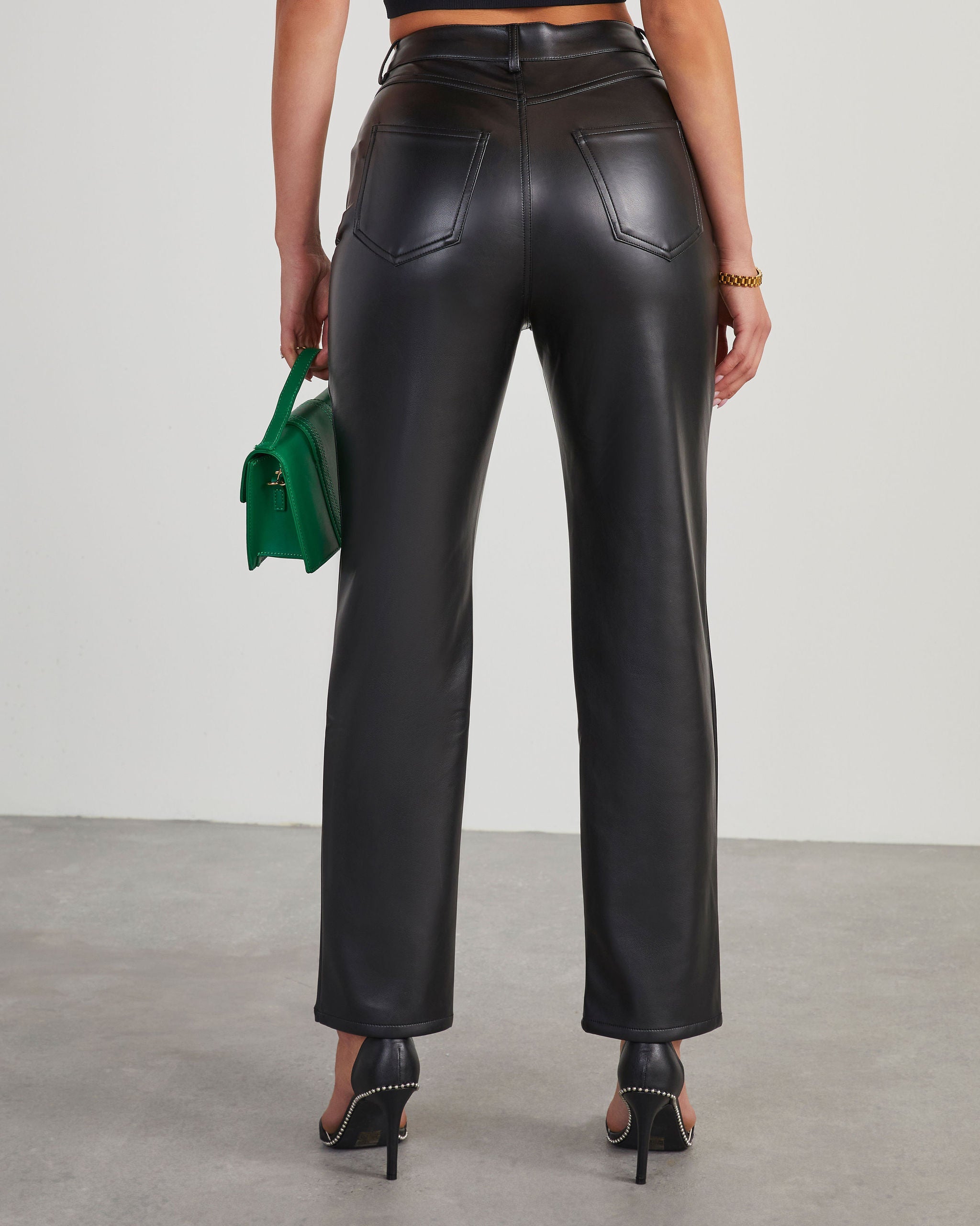 Claudette Faux Leather Pocketed High Waisted Pants-Vogue Logic