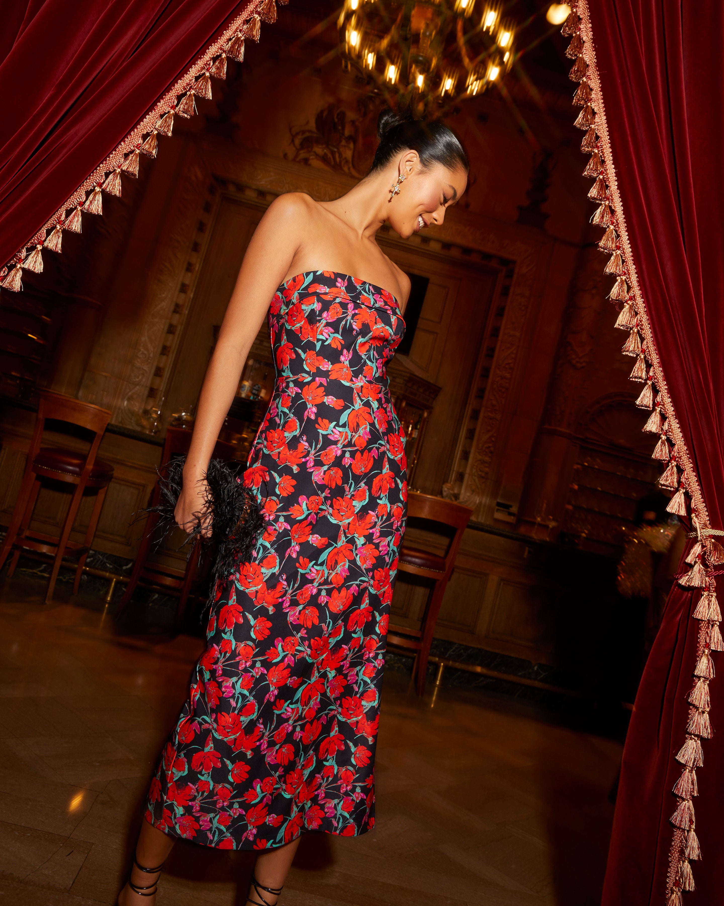 Thalia Strapless Floral Midi Dress-Vogue Logic