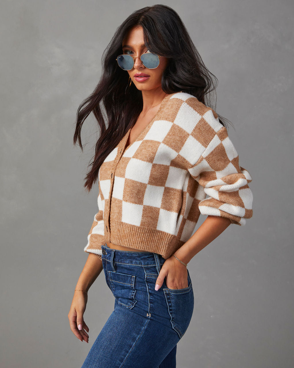 Checkmate Pocketed Knit Cardigan-Vogue Logic