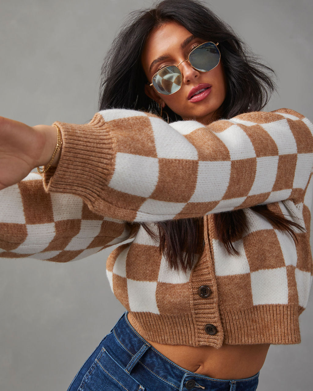 Checkmate Pocketed Knit Cardigan-Vogue Logic