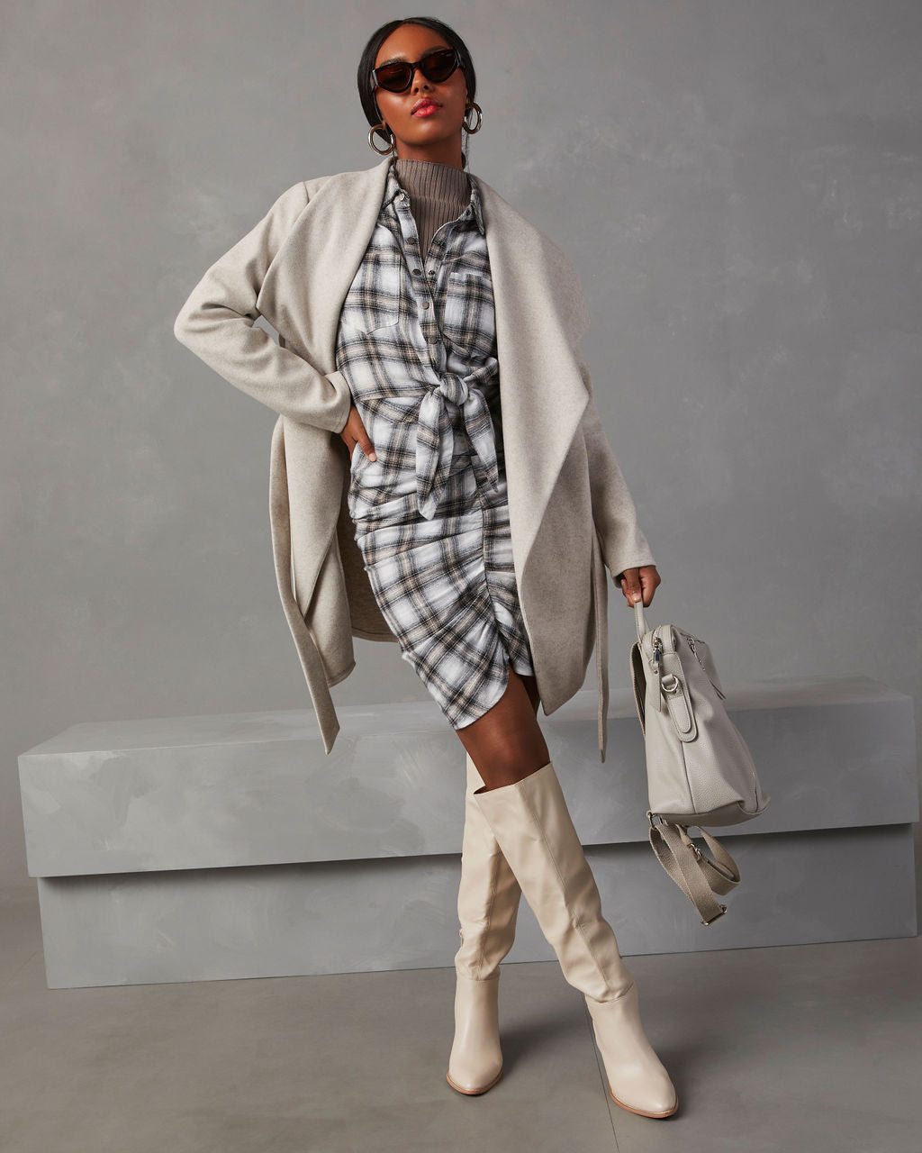 Archie Cotton Ruched Plaid Shirt Dress-Vogue Logic