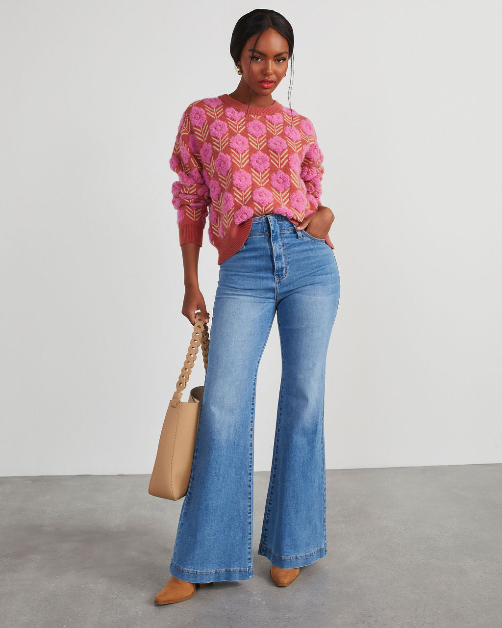 Corinne Textured Floral Pullover Sweater-Vogue Logic